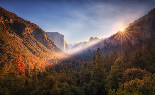 Обои на рабочий стол Солнце освещает горный туннель с деревьями, Yosemite National Park / Йосемитский национальный парк, by Jaewoon U
