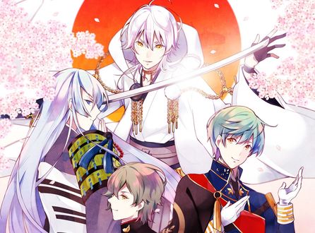 Обои на рабочий стол Tsurumaru Kuninaga / Тсурумару Кунинага, Honebami Toshirou / Хонебами Тоширо и Ichigo Hitofuri / Ичиго Хитофури в военной форме на фоне цветения сакуры из игры и аниме Touken Ranbu / Танец мечей