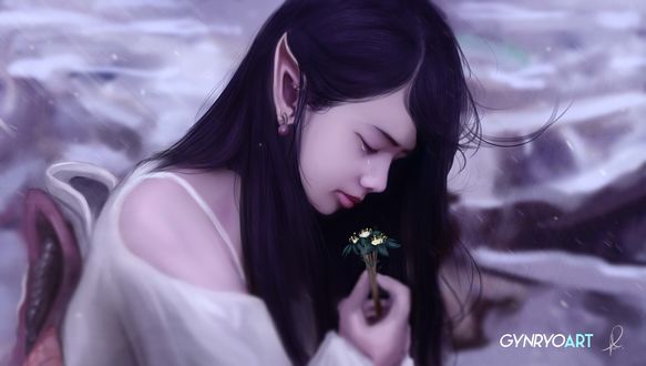 Обои на рабочий стол Плачущая темноволосая эльфийка с цветком, by gynryo