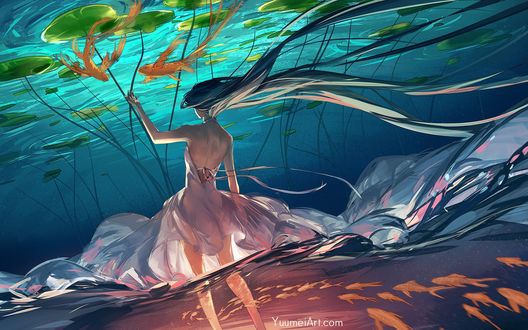 Обои на рабочий стол Девочка стоит под водой, где плавают рыбки кои, by Yuumei