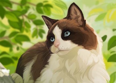 Обои на рабочий стол Кошка с голубыми глазами на фоне листвы, by Michelle Thomas