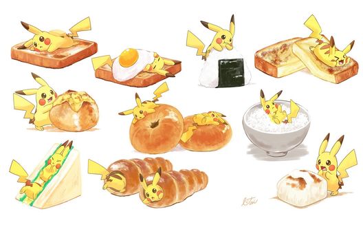 Обои на рабочий стол Пикачу / Pikachu и разные вкусности из аниме Покемон / Pokemon