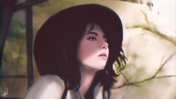 Обои на рабочий стол Девушка в шляпке, by gynryo