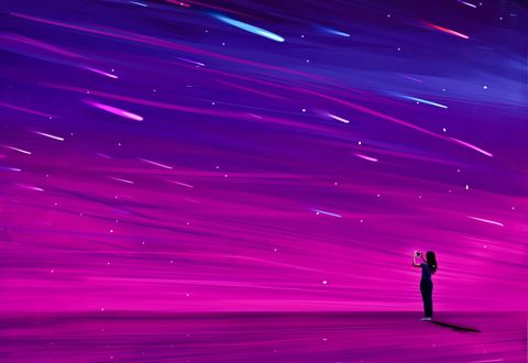 Обои на рабочий стол Девочка стоит под ночным небом с телефоном в руках, by Mattia Lau
