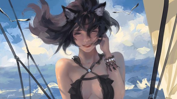 Обои на рабочий стол Неко-девушка мило улыбается, by Taejune Kim
