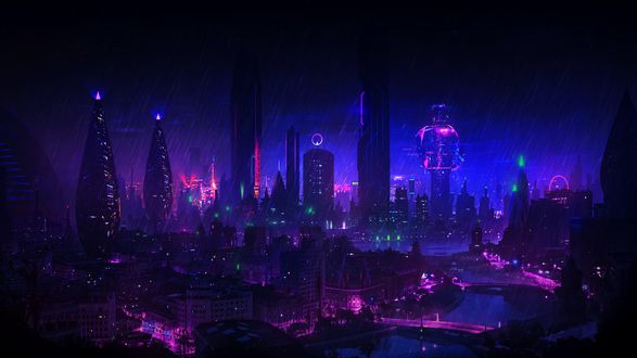 Обои на рабочий стол Ночной фантастический город под дождем, by Dominique van Velsen