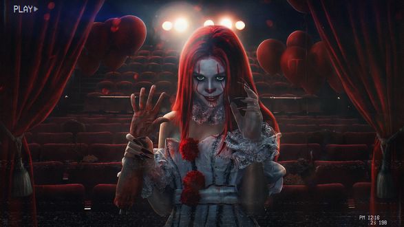 Обои на рабочий стол Девушка в наряде клоуна Пеннивайза / Pennywise из фильма ужасов Оно / It держит с оторванной рукой в своей руке, by Evgenij Kungur