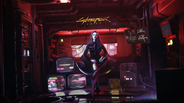 Обои на рабочий стол Девушка сидит в кресле (Cyberpunk2077)