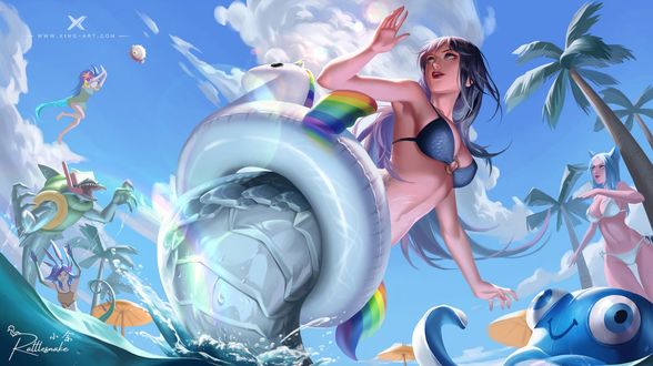 Обои на рабочий стол Девушка-змея выныривает из воды на курорте, by Xing-Art