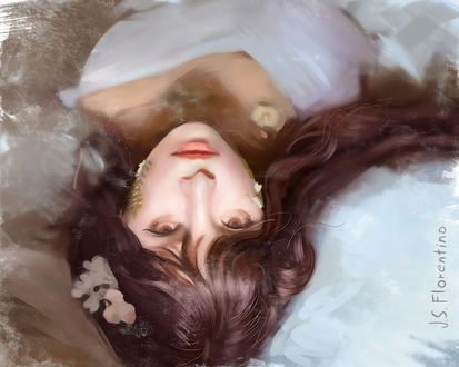 Обои на рабочий стол Девушка-азиатка в белом платье лежит на подушке, by Justine Florentino