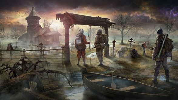 Обои на рабочий стол Арт по игре Stalker. Сталкеры на болоте смотрят на покинутую церковь
