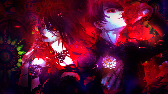 Обои на рабочий стол Rize Kamishiro / Ризэ Камиширо и Shuu Tsukiyama / Шу Цукияма из аниме Tokyo Ghoul / Токийский гуль, by galangcp