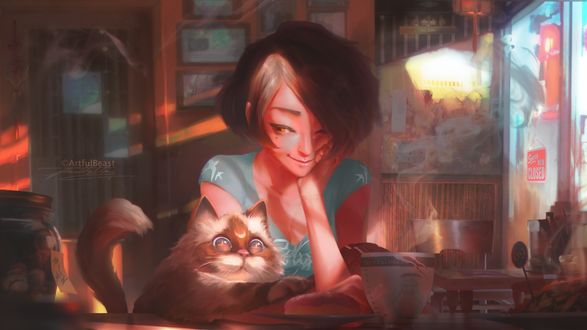 Обои на рабочий стол Девушка смотрит на кошку, которая тянет лапку к пончику на тарелке, by Paul Nong