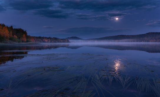 Обои на рабочий стол Полная луна над рекой / Сумерки осени, фотограф marateaman