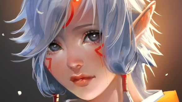 Обои на рабочий стол Портрет эльфийки с сиреневыми волосами. by Sakimichan