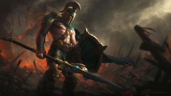 Обои на рабочий стол Греческий воин-легенда Achilles / Ахилл на поле битвы, by Stu Harrington
