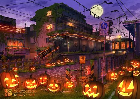 Обои на рабочий стол Трамвай едит по ночному городу в ночь Хэллоуина, Happy Halloween / Счастливого Хэллоуина