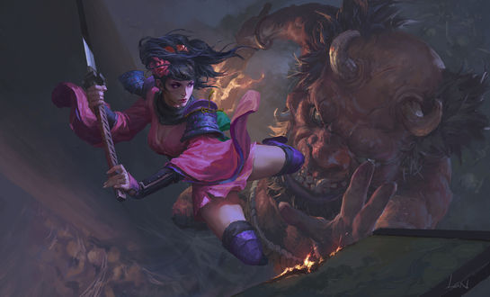 Обои на рабочий стол Девушка-воин в бою с демоном, арт к игре Muramasa: The Demon Blade, by Song Nan Li