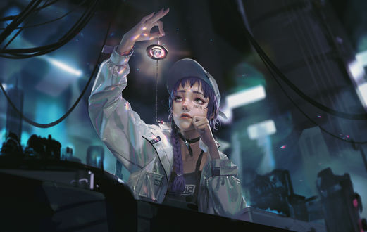 Обои на рабочий стол Девушка в бейсболке держит в руке The crystal pendant / Хрустальный кулон, by Rui Li