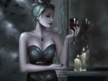 Обои на рабочий стол Девушка-Vampire / Вампир с бокалом, by Toni Spagnoletti