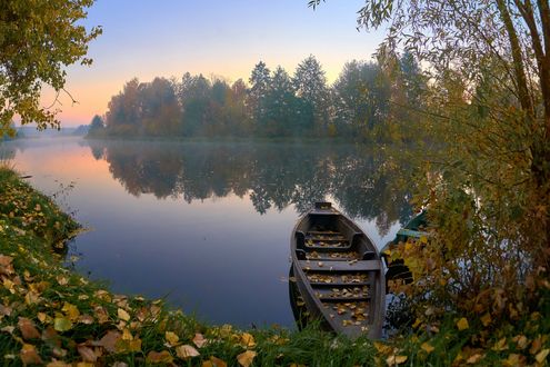 Обои на рабочий стол Лодка в осенних листьях на воде у берега на реке Снов, фотограф Казун Андрей