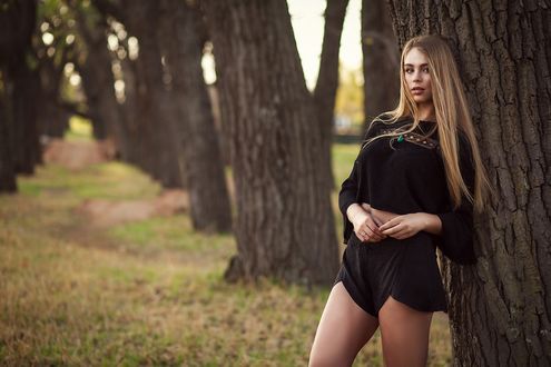 Обои на рабочий стол Блондинка Vinette Schulze в коротком черном платье стоит у дерева в парке, by Nick G