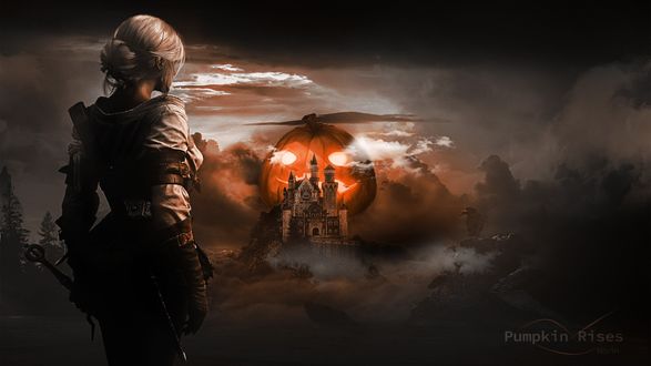 Обои на рабочий стол Ciri / Цирилла смотрит на огромный светильник Джека, поднимающийся над древним замком, арт к игре The Witcher / Ведьмак, (Pumpkin Rises), by Kevin John