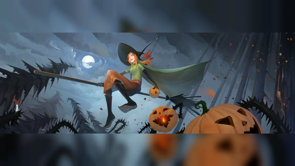 Обои на рабочий стол Девушка на метле вночь Halloween / Хэллоуина, by Igor Artyomenko