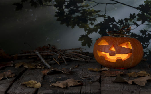 Обои на рабочий стол Тыква на дощатой поверхности к празднику Хэллоуин / Halloween