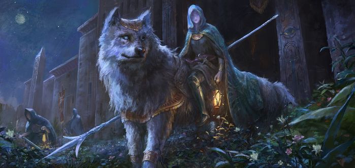 Обои на рабочий стол Девушка-воин с копьем сидит на огромном белом волке у дворцовой стены в лунную ночь, by Zhuoxin Ye