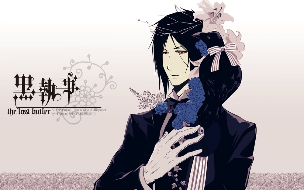 Обои для рабочего стола Себастьян Михаэлис / Sebastian Michaelis с черным вороном на плече из аниме Темный дворецкий / Kuroshitsuji