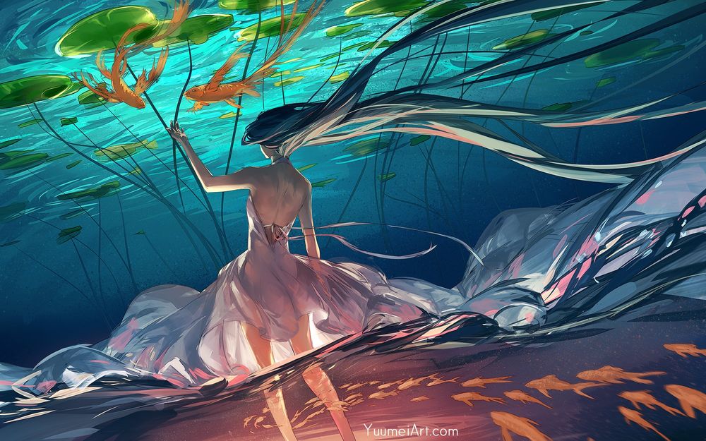 Обои для рабочего стола Девочка стоит под водой, где плавают рыбки кои, by Yuumei