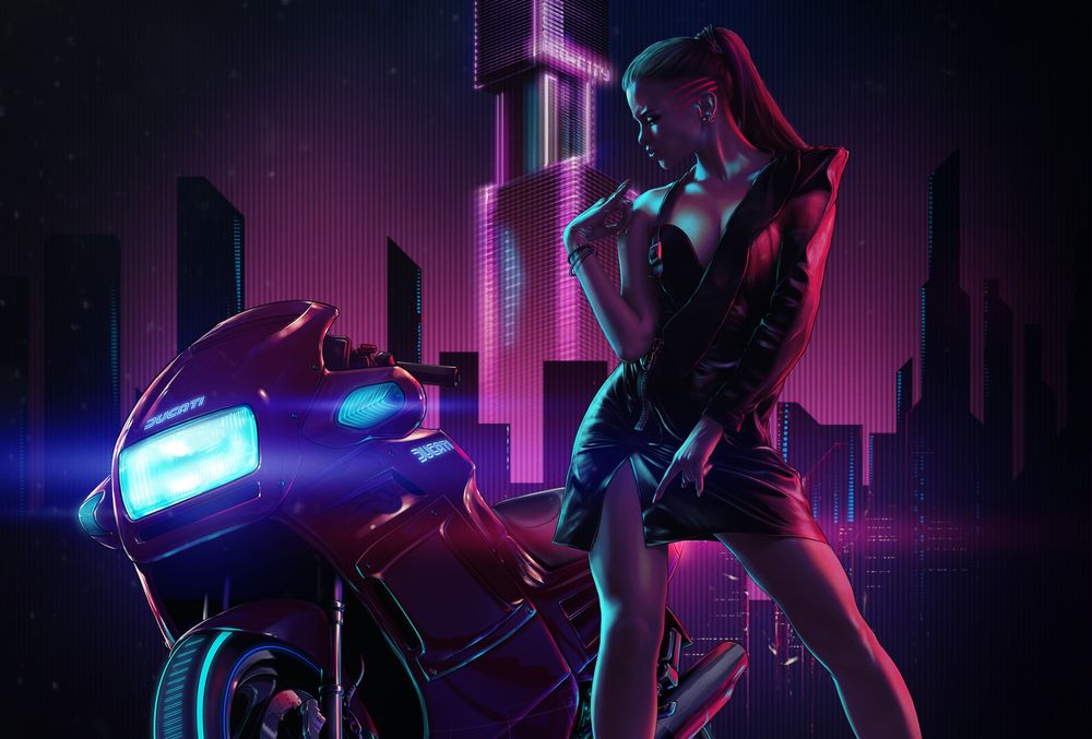 Обои для рабочего стола Девушка-киберпанк стоит у мотоцикла
