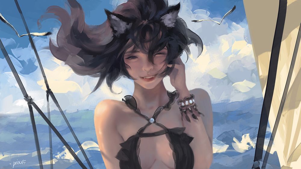 Обои для рабочего стола Неко-девушка мило улыбается, by Taejune Kim