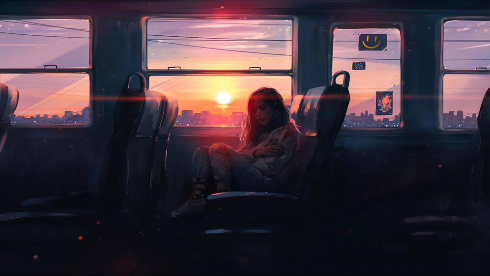 Обои для рабочего стола Девушка в автобусе, by Alena Aenami