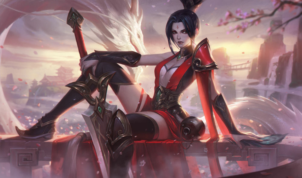 Обои для рабочего стола Riven / Ривэн с белым драконом из игры League of Legends / Лига Легенд, by Bo Chen