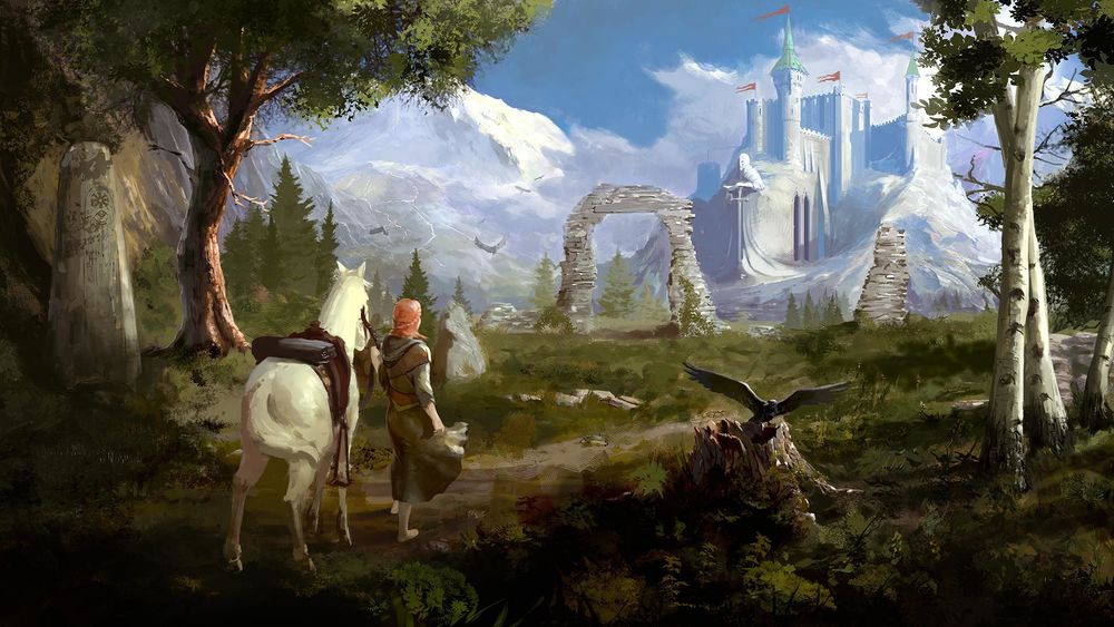 Обои для рабочего стола Одинокая всадница смотрит на белый замок в далеке, by Redan23