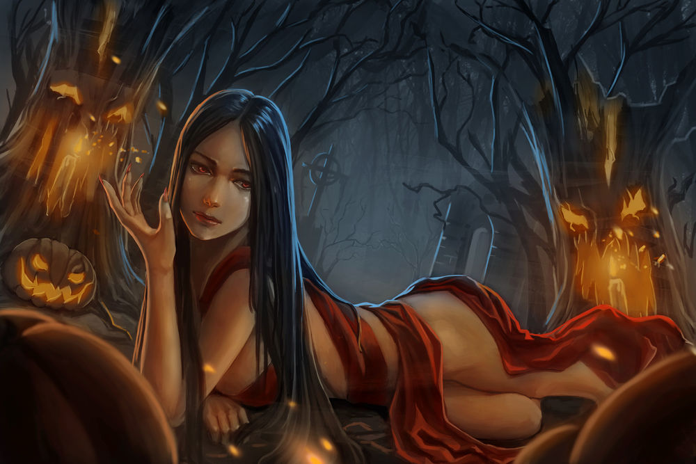 Обои для рабочего стола Обнаженная ведьма, прикрытая красной тканью, лежит в лесу у кладбища в ночь на Halloween / Хэллоуин, by Vu Thanh