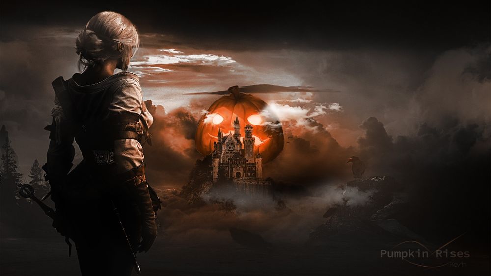 Обои для рабочего стола Ciri / Цирилла смотрит на огромный светильник Джека, поднимающийся над древним замком, арт к игре The Witcher / Ведьмак, (Pumpkin Rises), by Kevin John