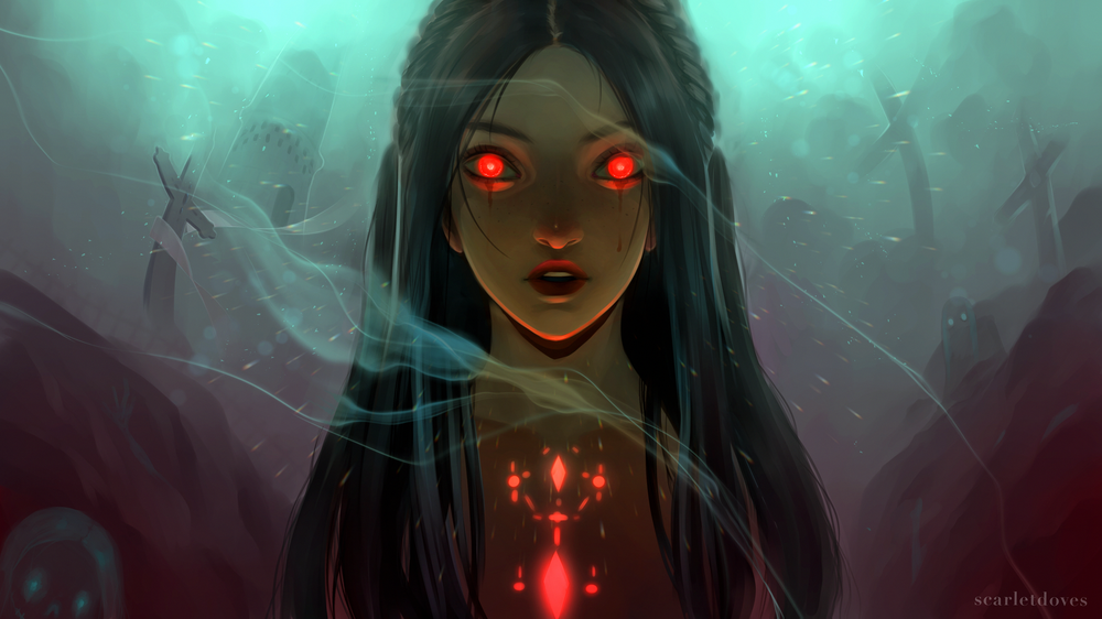 Обои для рабочего стола Девушка с огненными глазами, by scarletdoves