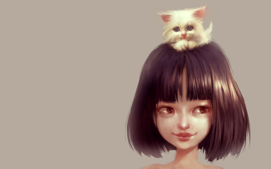 Обои на рабочий стол Девочка с котенком на голове, by Ilse Harting
