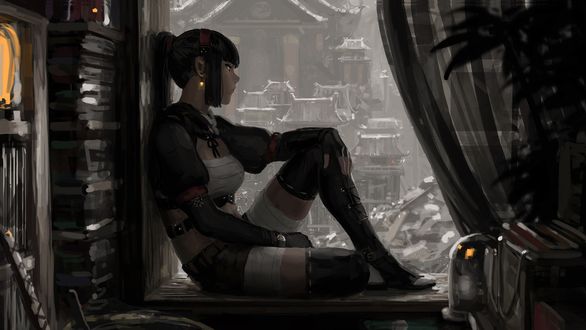 Обои на рабочий стол Девушка-эльф сидит на подоконнике окна, by GUWEIZ