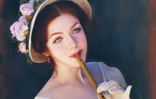 Обои на рабочий стол Девушка в шляпке с цветами на ней, играет на сопелке, by Vera Obraztsova