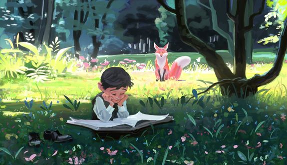 Обои на рабочий стол Мальчик с книгой лежит на траве, поодаль сидит лиса, by reza abbbasi