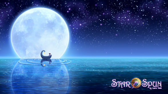 Обои на рабочий стол Девочка в лодке на фоне ночного неба с луной, by ldiehl