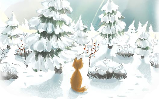 Обои на рабочий стол Лиса смотрит на деревце, усыпанное красными ягодами, by Agira Yusha
