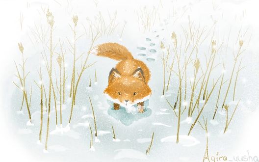 Обои на рабочий стол Лисенок на снегу, by Agira Yusha