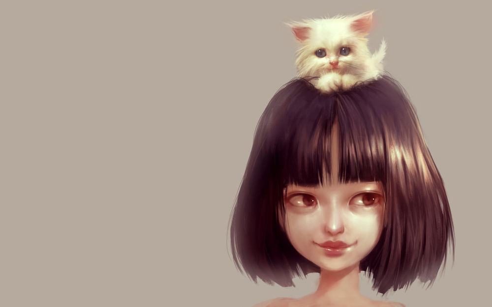 Обои для рабочего стола Девочка с котенком на голове, by Ilse Harting