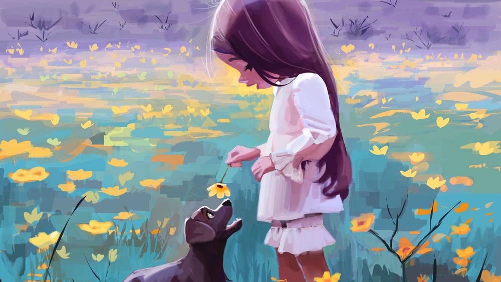 Обои для рабочего стола Девочка с цветочком в руке стоит перед собакой, by reza abbbasi