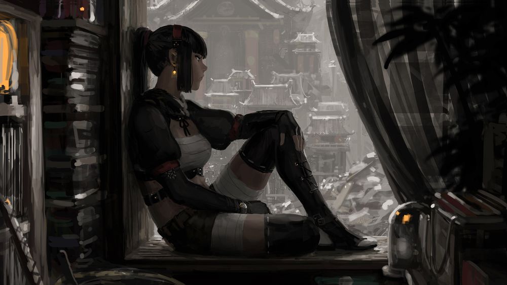 Обои для рабочего стола Девушка-эльф сидит на подоконнике окна, by GUWEIZ